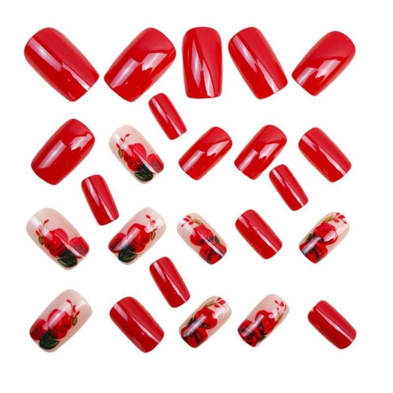 48 Pieces of Red and White 3D Floral Square Nail Art for Mid To Long Holidays