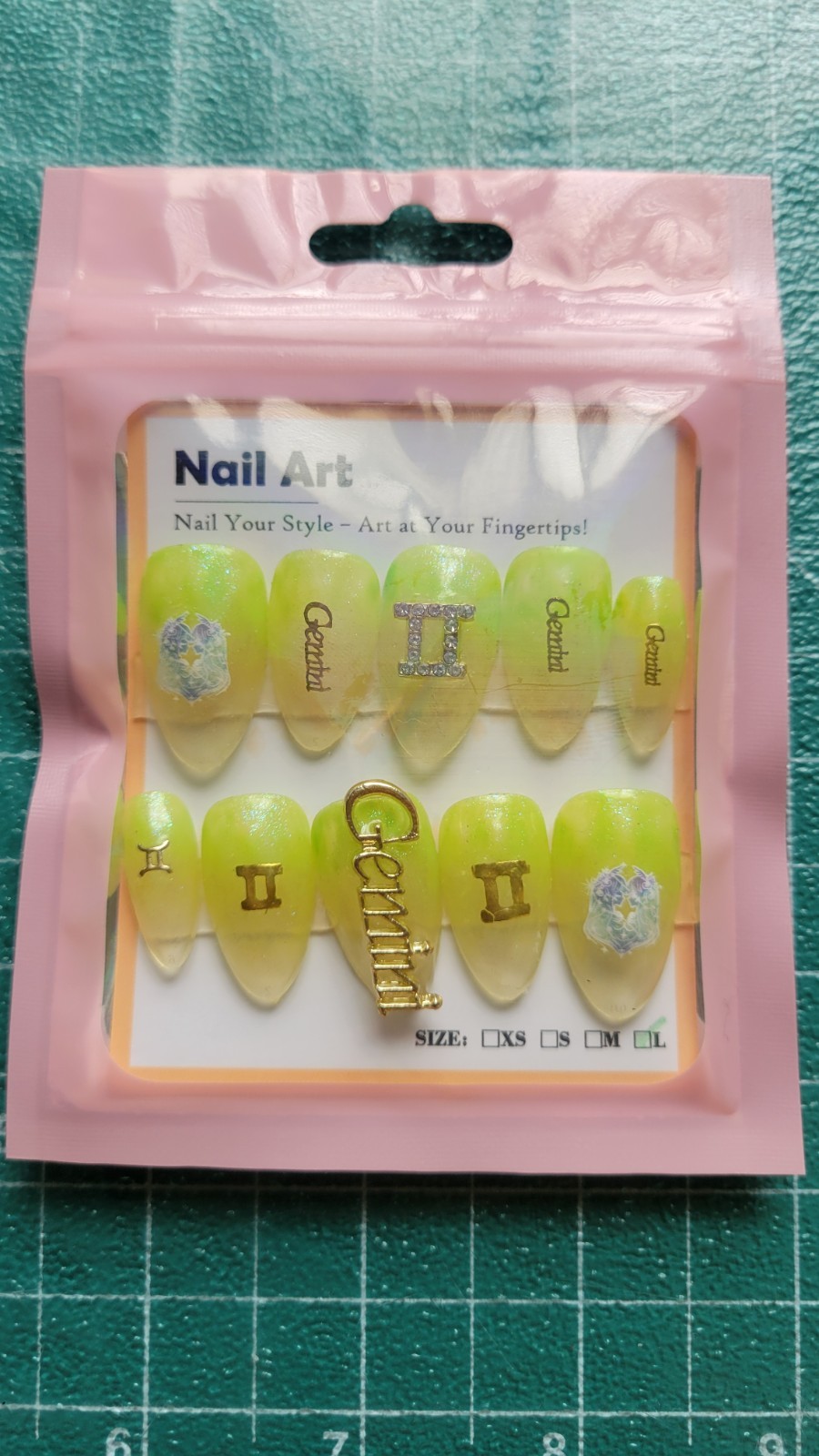 Size-L Hand Painted Custom Press On Nails- Gemini Zodiac