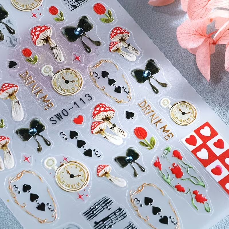Alice in Wonderland Inspired Nail Decals Tulips Mushrooms Clock Nail Stickers