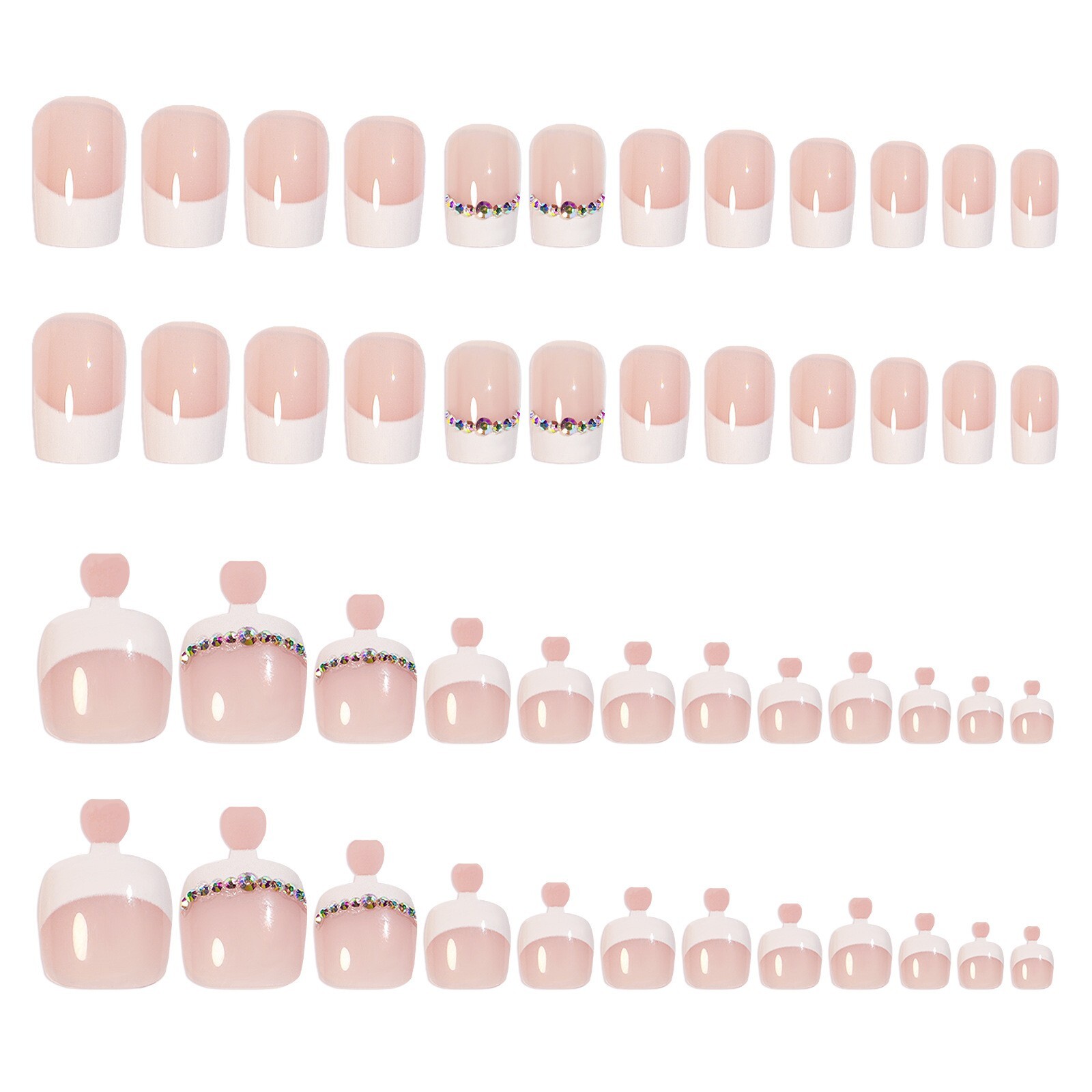 24 Pcs French White AB Rhinestone False Nail Short Press on Nails for Finger Kit