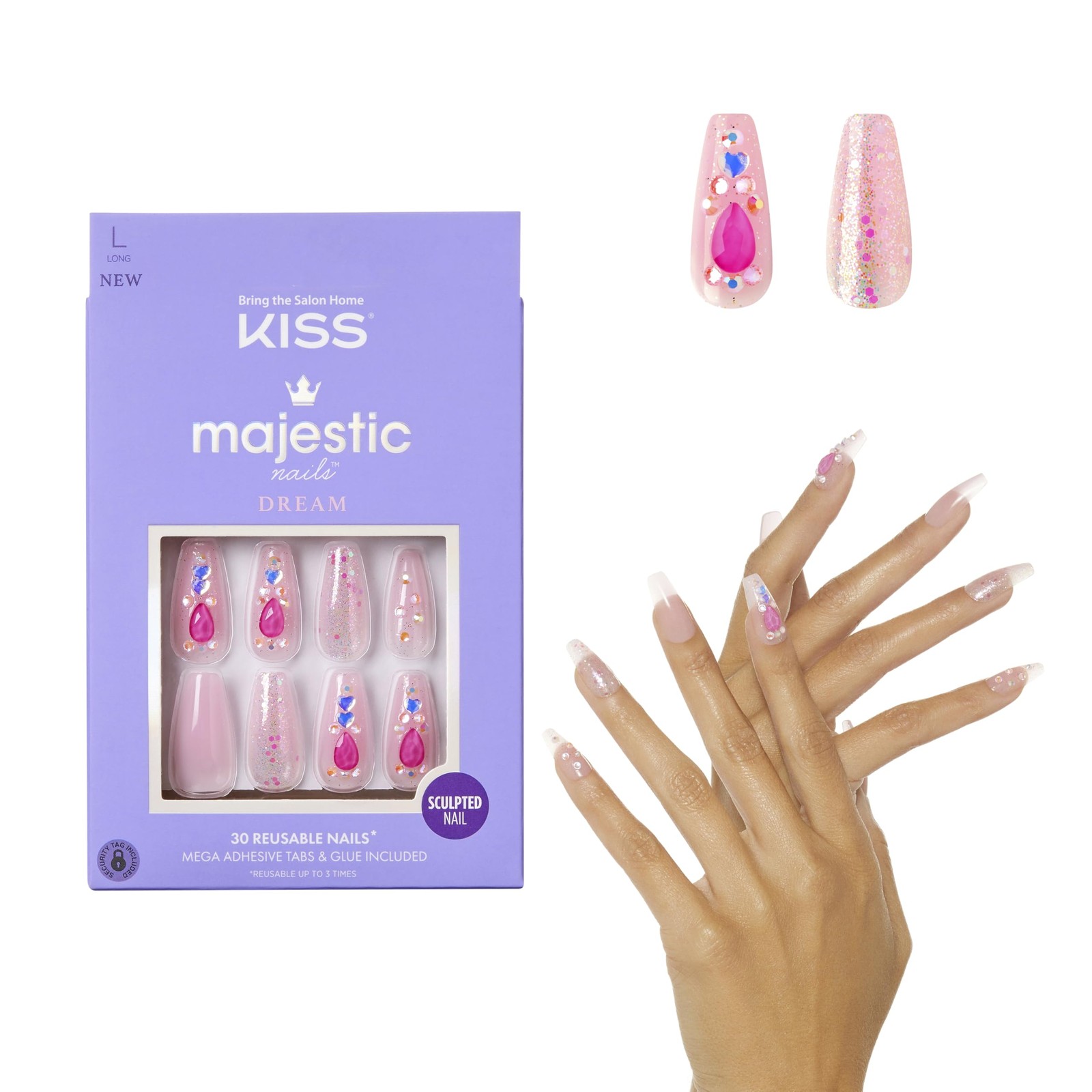 Majestic Press On Nails, Nail glue included, ‘Lovely Bubbly’, Pink, Long Size…