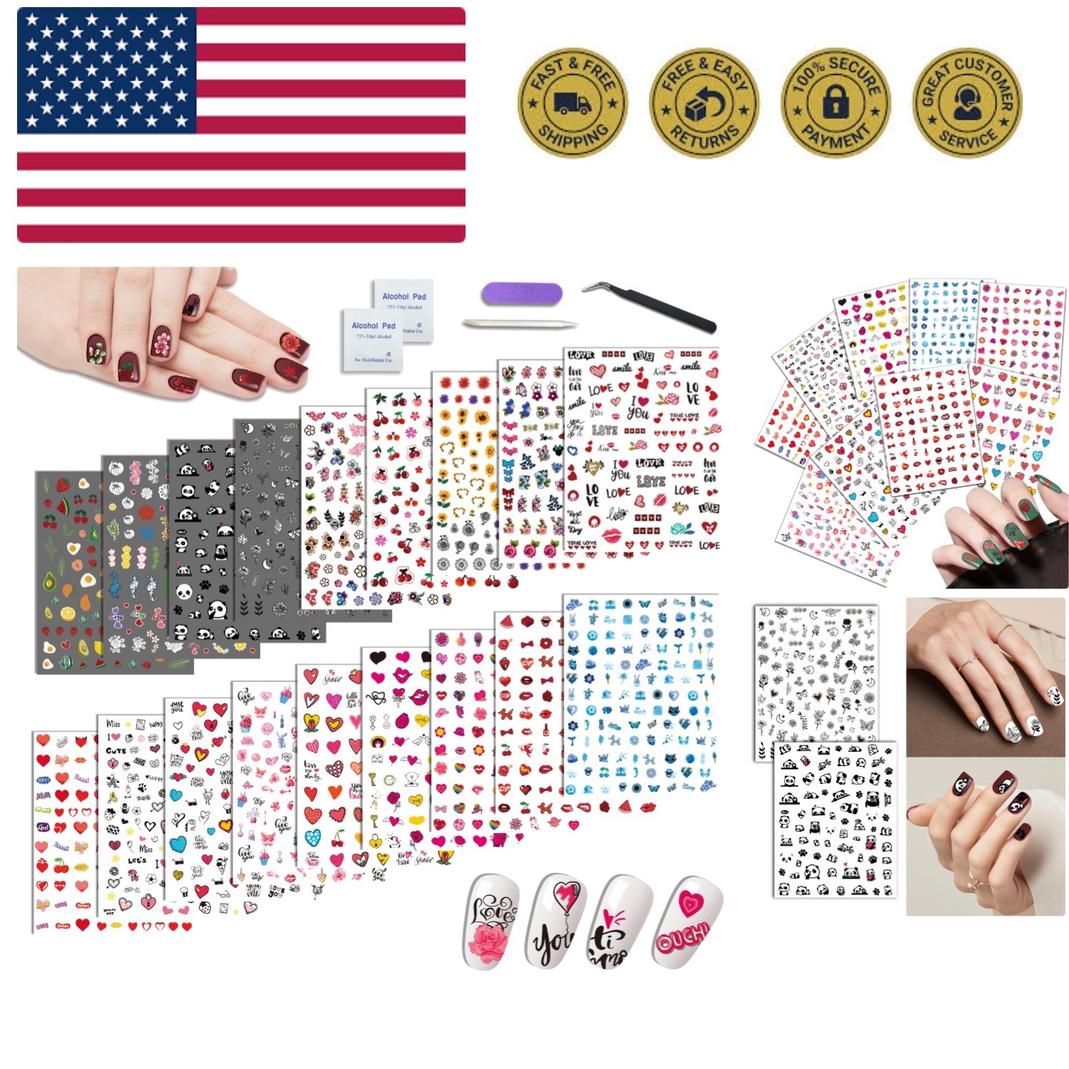 Nail Art Stickers for Women Girls Kids, 18 Sheets Acrylic Decals with Tweezer…