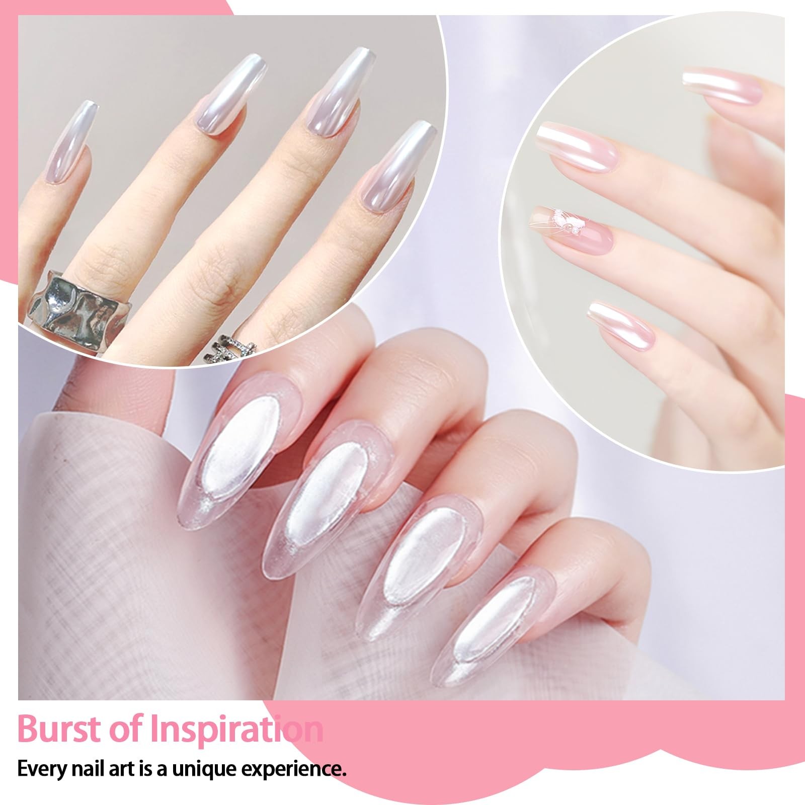 Allstarry White Pearl Chrome Nail Powder, Iridescent Aurora Powder A-Pearl