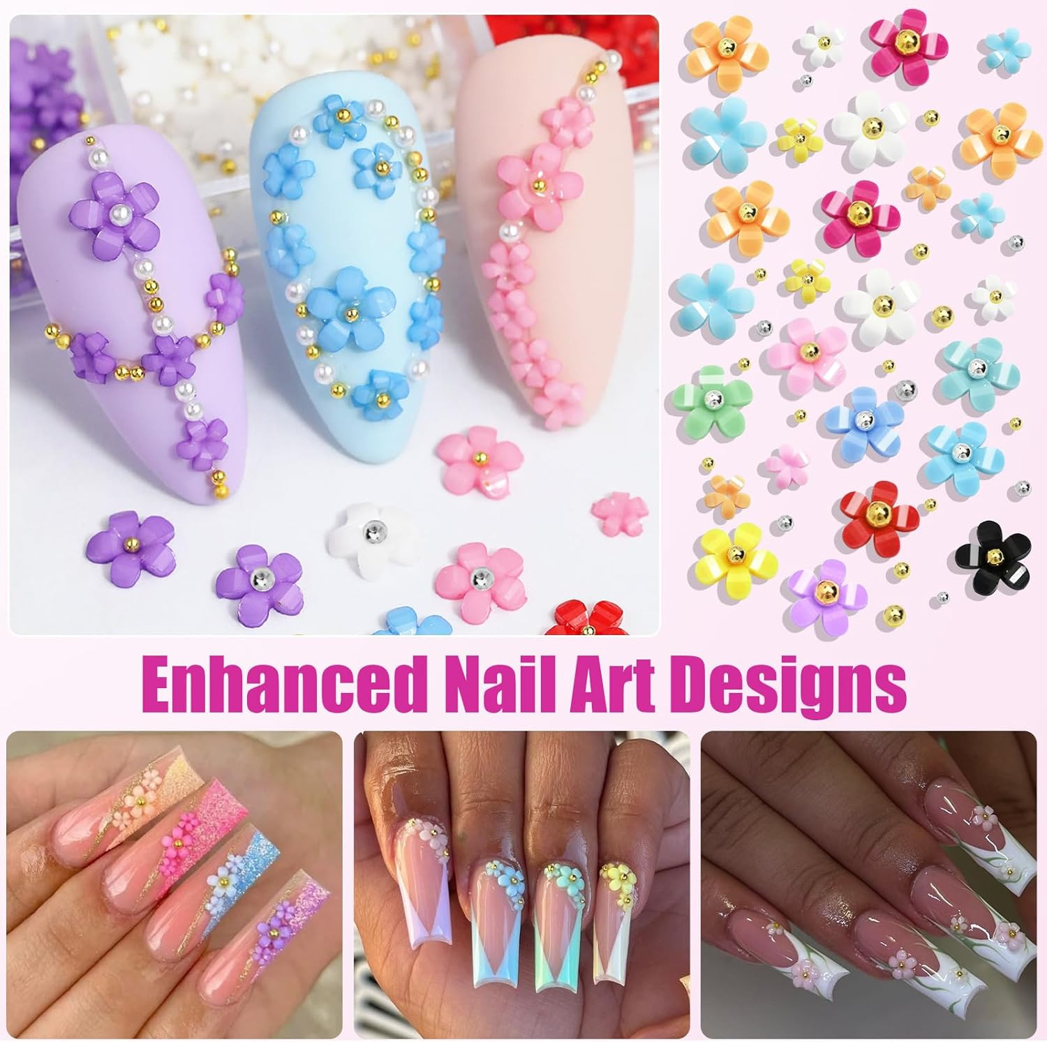 11000 Pieces Flower Nail Charms 24 Color 3D Flowers for Nails Gold & Silver Nail
