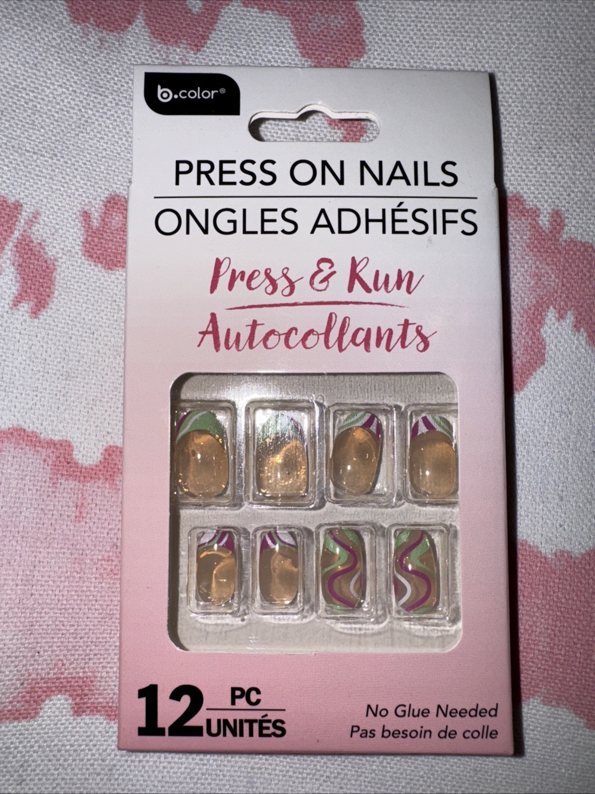 b*Color Nails Shiny Green & Pink Artificial Press on Short Oval Press And Run