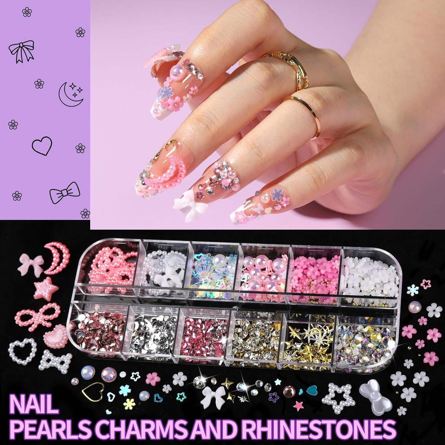 FANDAMEI Nail Charms and Gems, 8 Boxes Nail Art Kit for Design, Multi-Shape Rhin