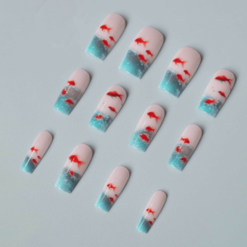 48 Pcs Goldfish Ombre Press on Nails, Medium Coffin Clear 3D False Nails