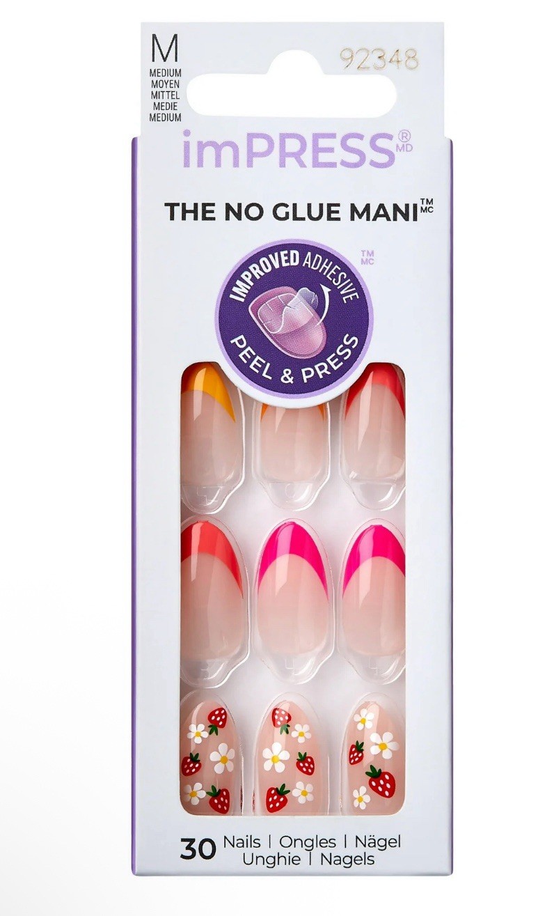 KISS imPRESS Medium Length Orange & Hot Pink French Manicure Nails Strawberries