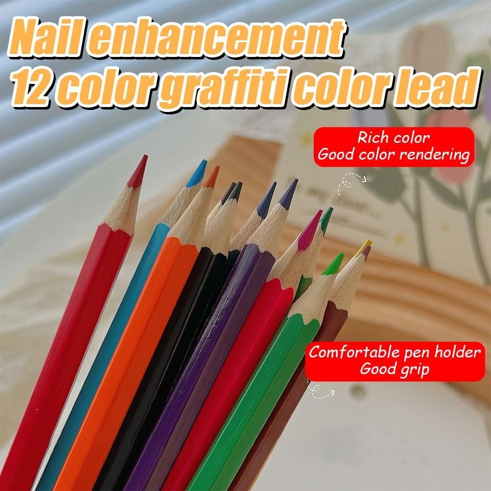 Deluxe Nail Art Pencil Set, 12 Smooth Colorful Pencils for Nail Design Crafts