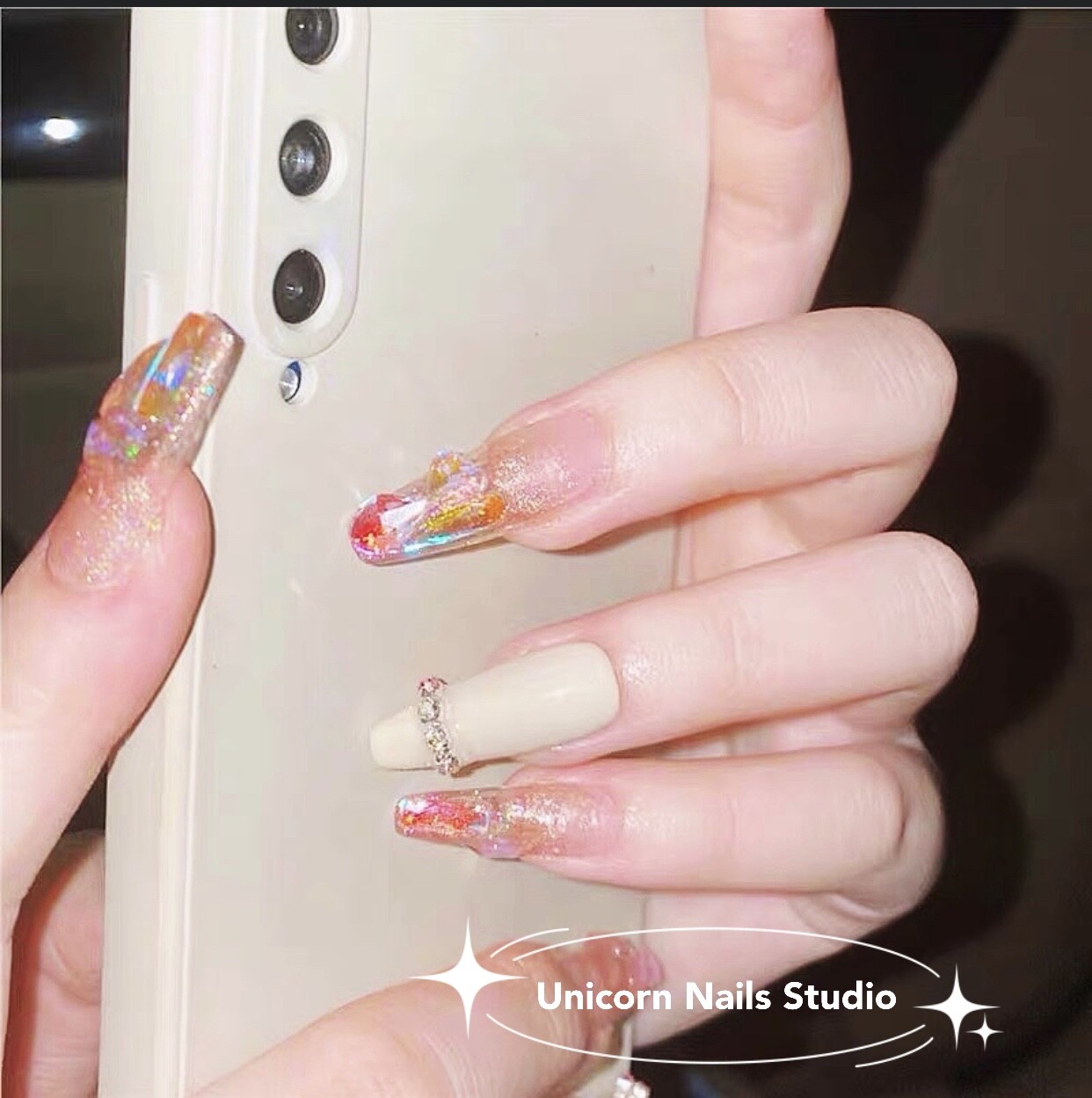Pretty shiny｜Colorfully｜Milky Crystal | Long Coffin Nails | Press on Nail