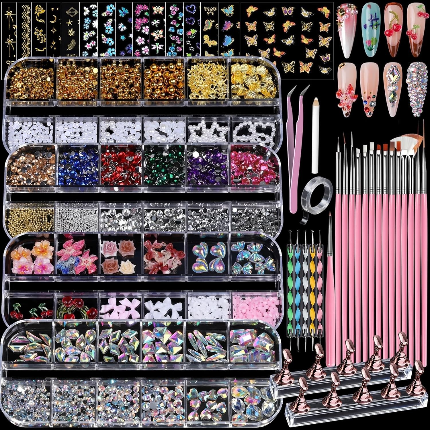 4 Boxes Nail Charms and Gems Set, Nail Rhinestones Nail Kit with Nail Art Bru…