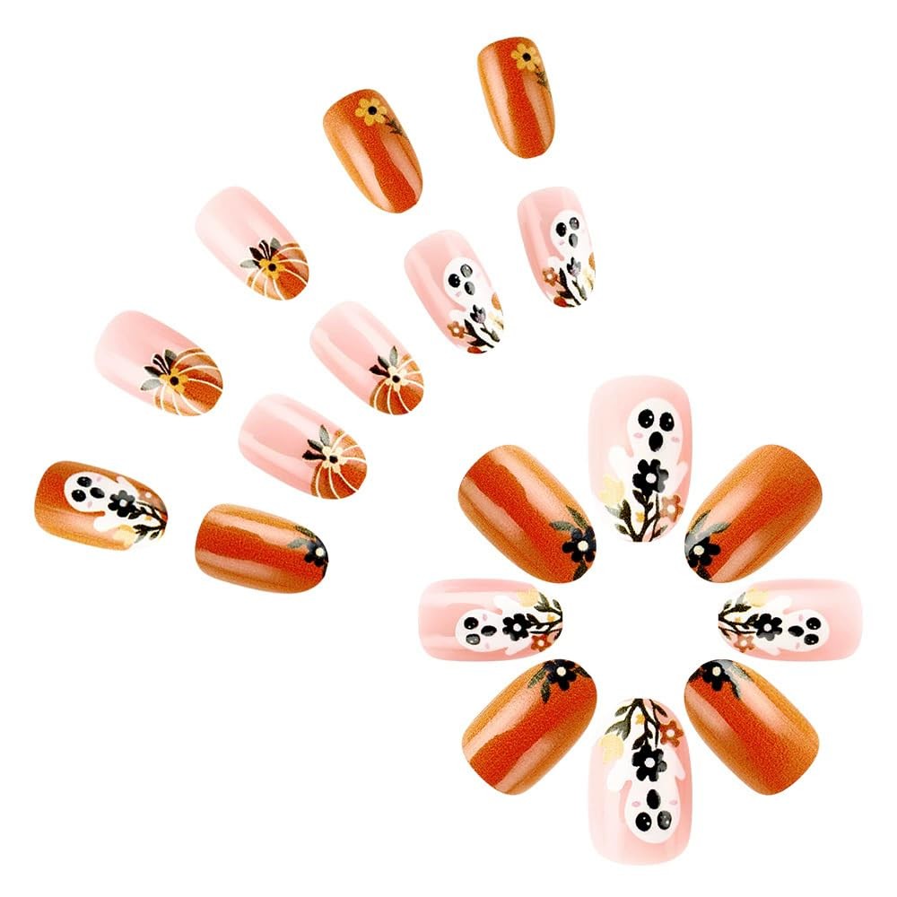 ONPRESS 24Pcs Halloween Press on Nails Short Almond Fake Multicolor