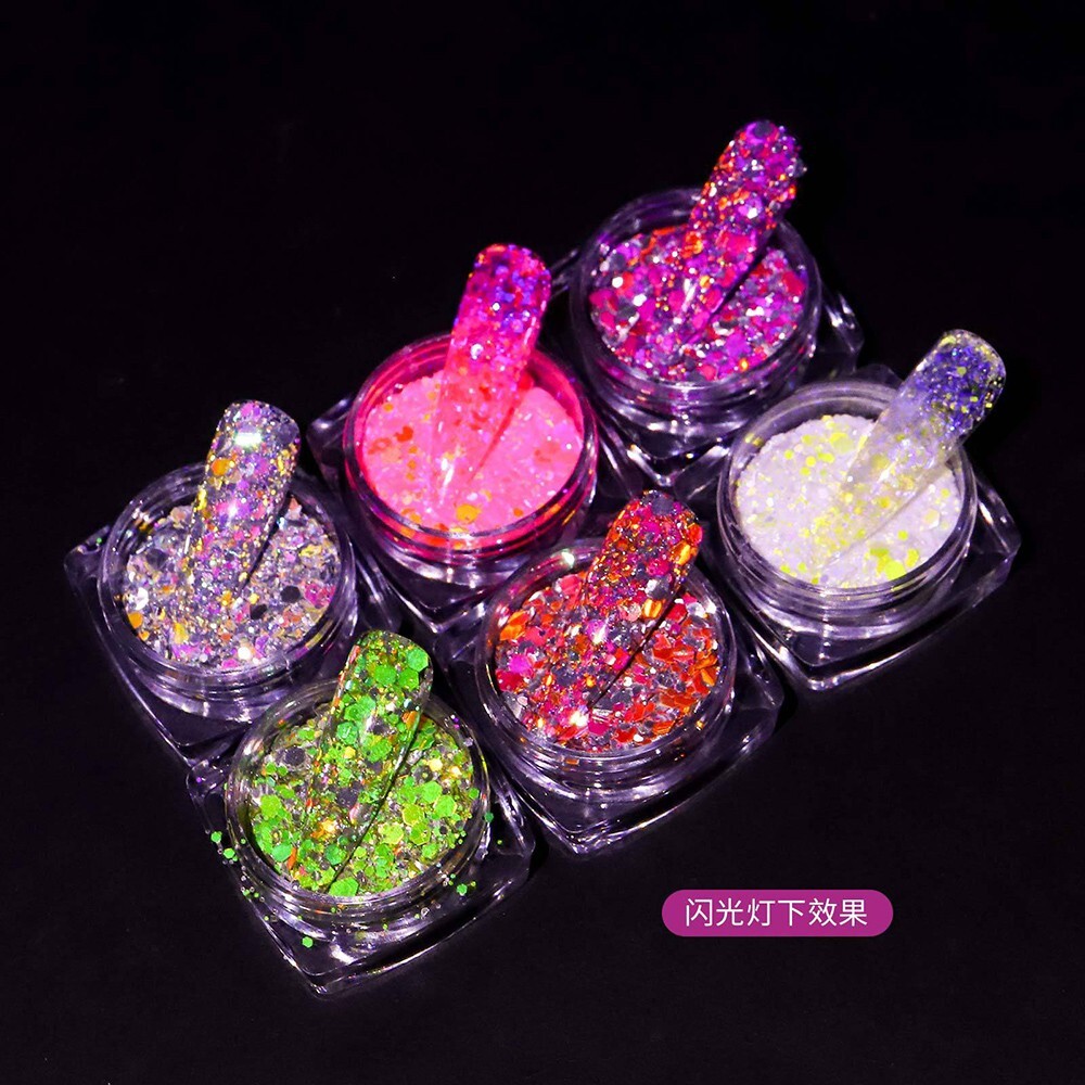 6 Color Set Mix Glitter Nail Sequins Powder Flakes Manicure In The Dark Effect