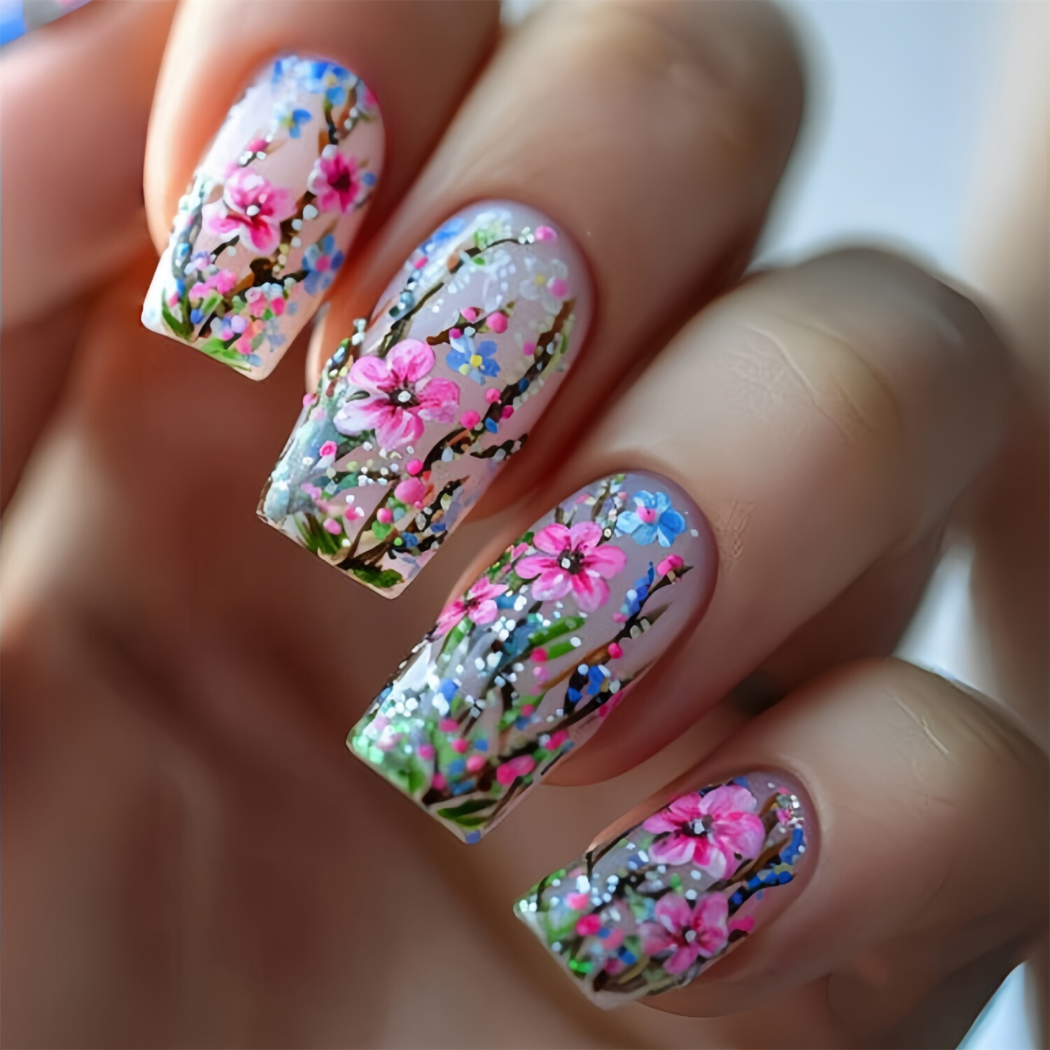 24pcs Colorful Flowers Short Square Press-On Fake Nail Spring Summer Manicure