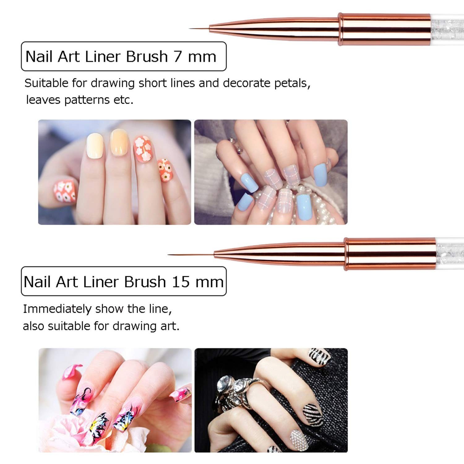 5pc Nail Art Brush Set – Rose Gold Rhinestone Handles, Gel Polish & Liner Brushe