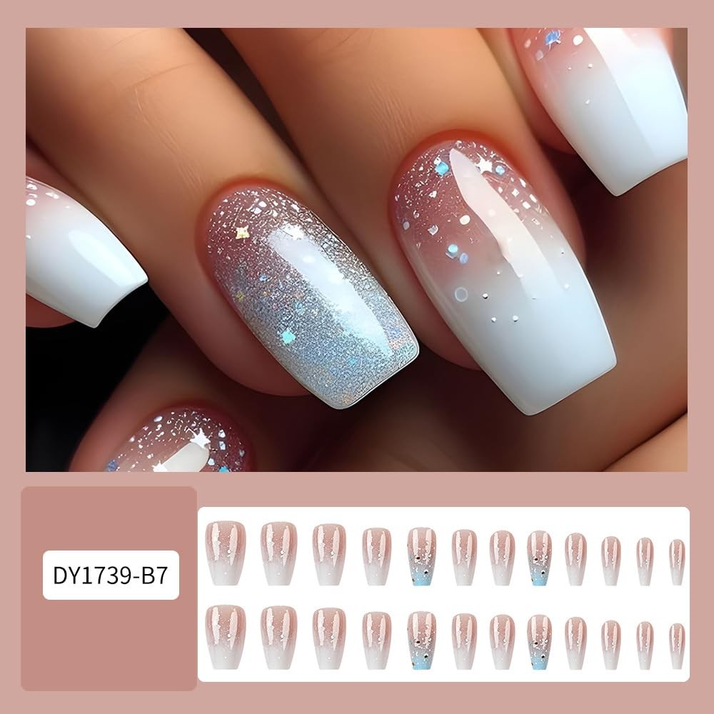 24Pcs Medium Press on Nails Blue White Gradient Press on Nails Medium Square W5