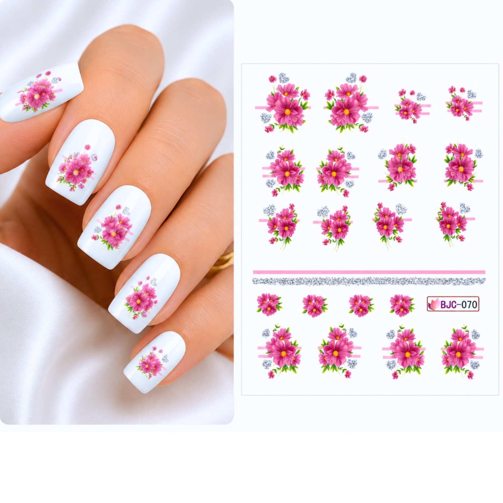 Fuschia Rose Flower Water Transfer Silver Nail Decal DIY Manicure Blossom Finger