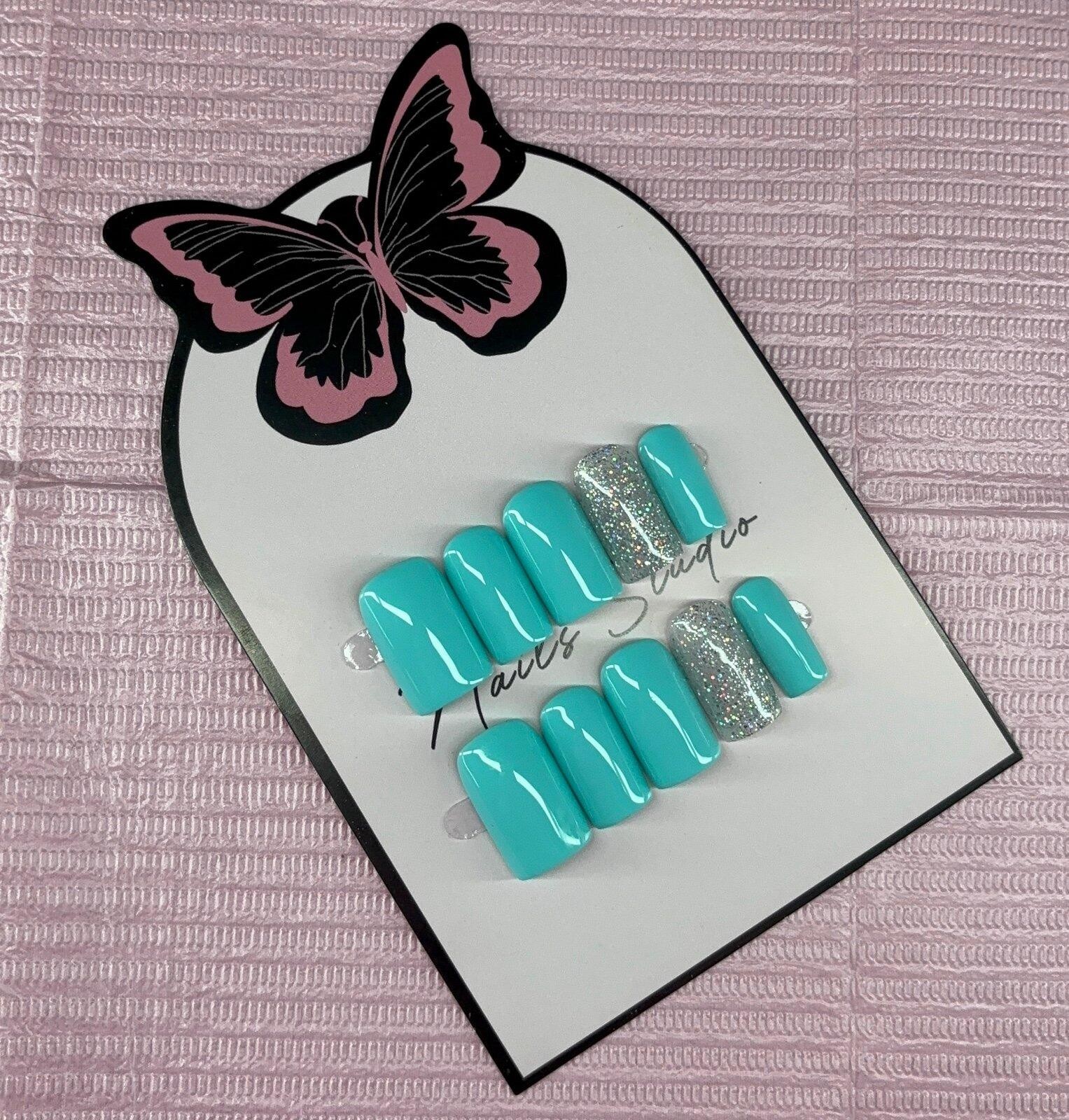 Short square Press on nails silver glitter teal light blue handmade custom gel