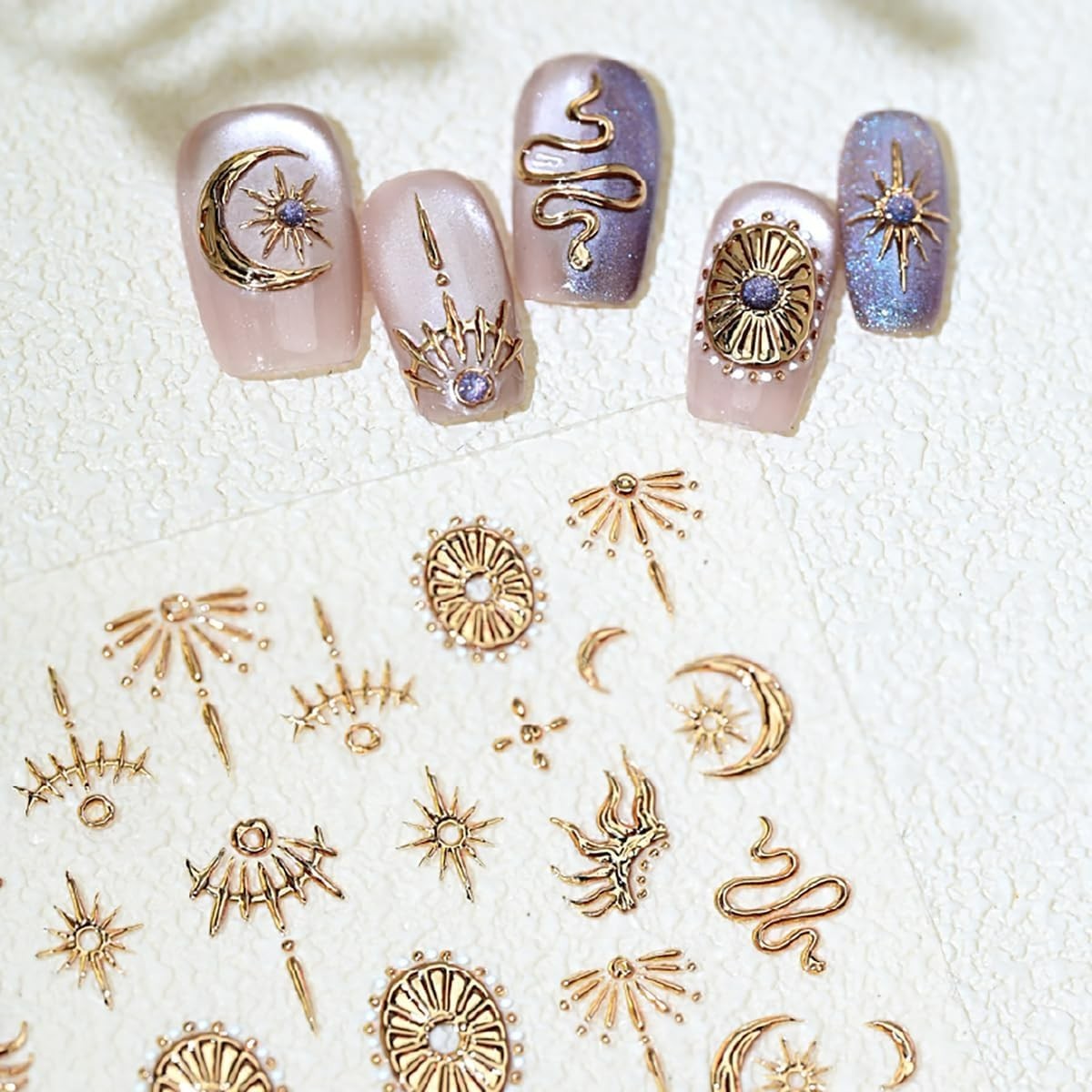 1 Sheets Embossed Star Nail Stickers for Nail Art Gold Snake Nail Decals 5D Self