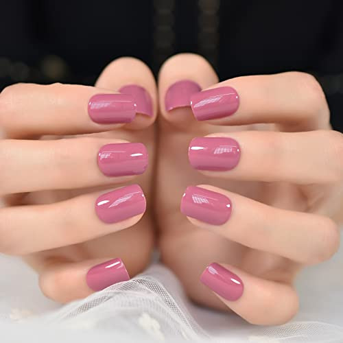 Daily Glossy Deep Purple Pink Red Press on False Nails Short Square Fake L5659