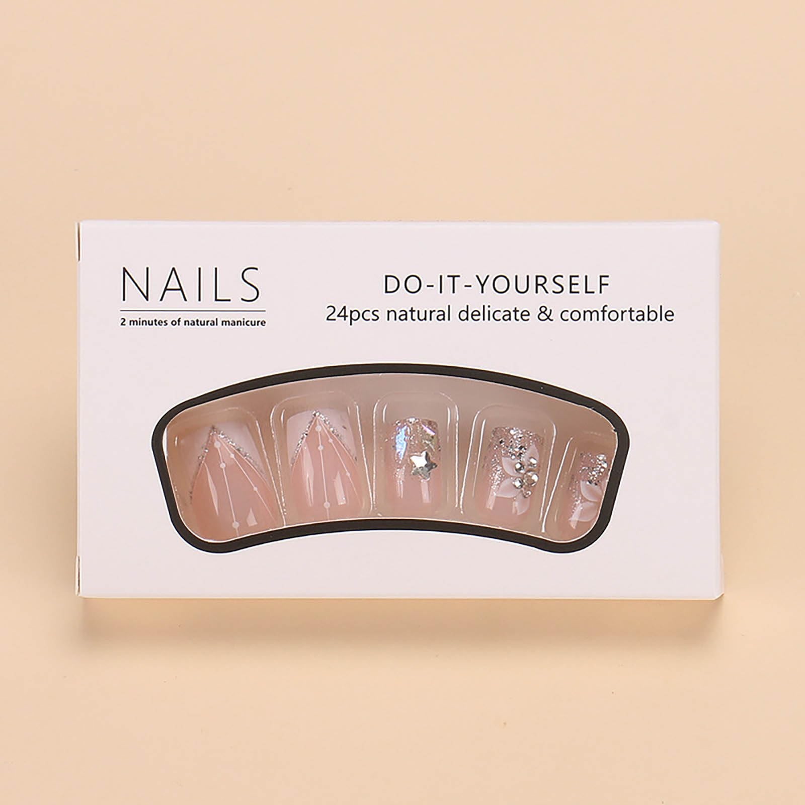Square Press-on Nails – White French Tip Fake Nails with Glitter Designs, Med…