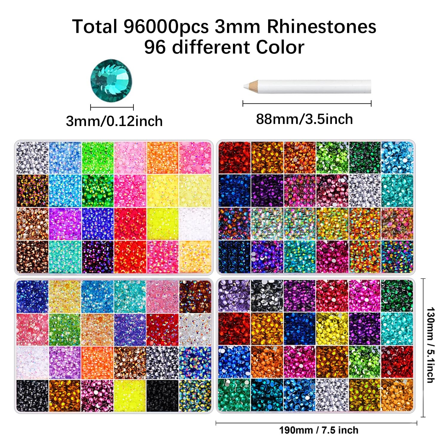 96000Pcs 96 Colors Jelly Resin Rhinestones for Bedazzling, 3mm Multicolor Fla…