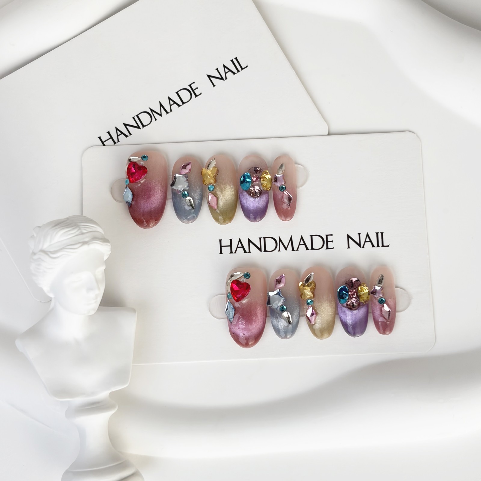 Rainbow Sugar Diamond Press-On Nails Medium Oval Sweet Cool Style Handmade Set