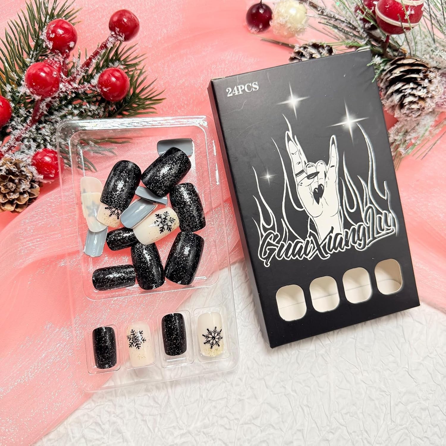 Black Press on Nails Medium Square Fake Nails with Designs Snowflake Stick