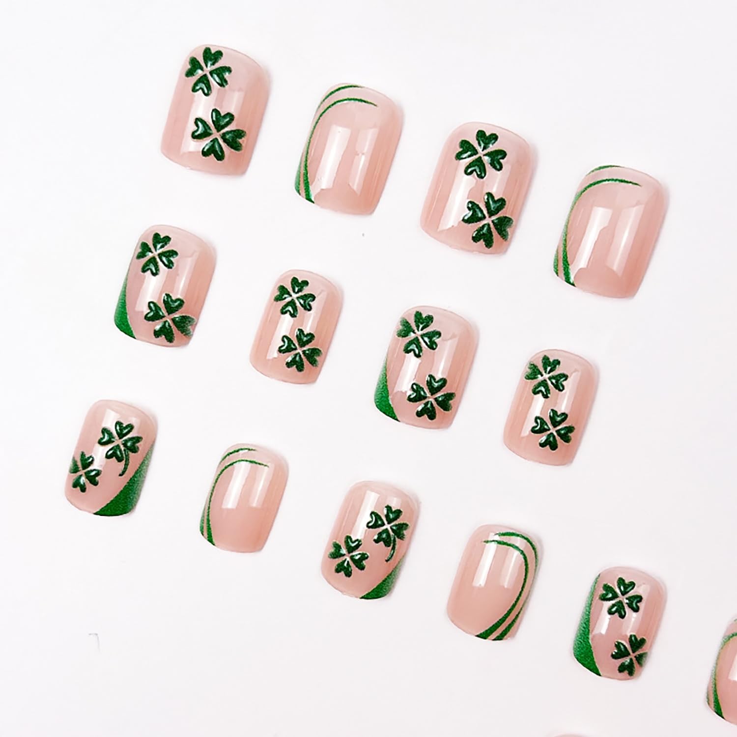 Green Shamrock Fake Nails Short Square Press On Nails French St. Patrick’s Da…