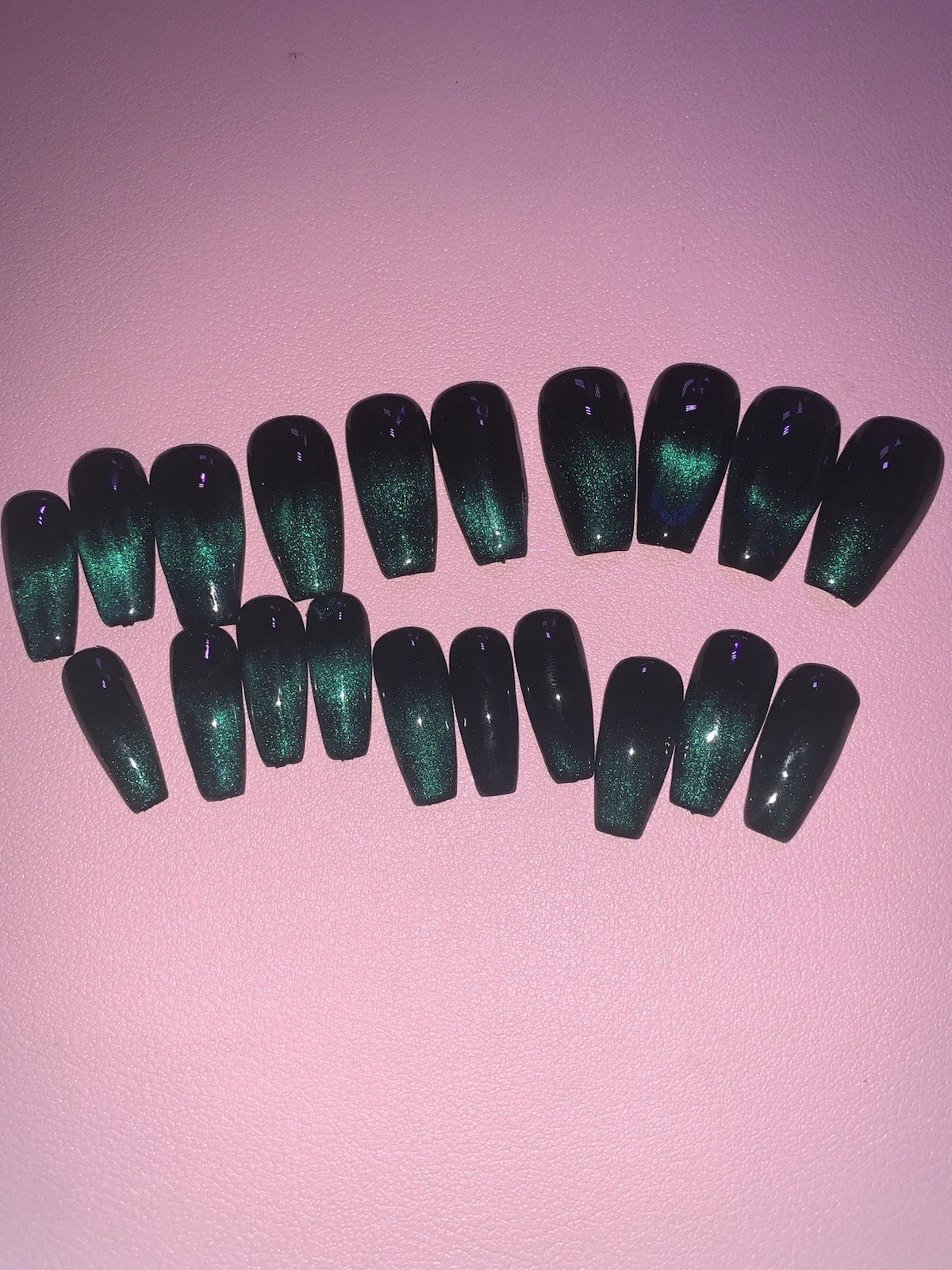 Handmade Green Cateye French tip Press-On Nails With Nail Care Kit!! Set of 20