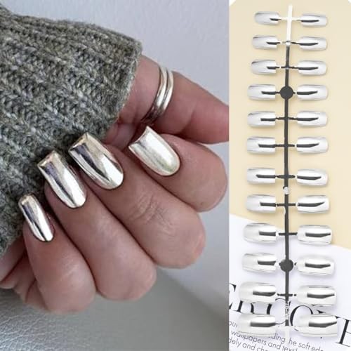 6 Packs (144 Pcs) Chrome Press on Nails Medium Square Fake Nails Style-4