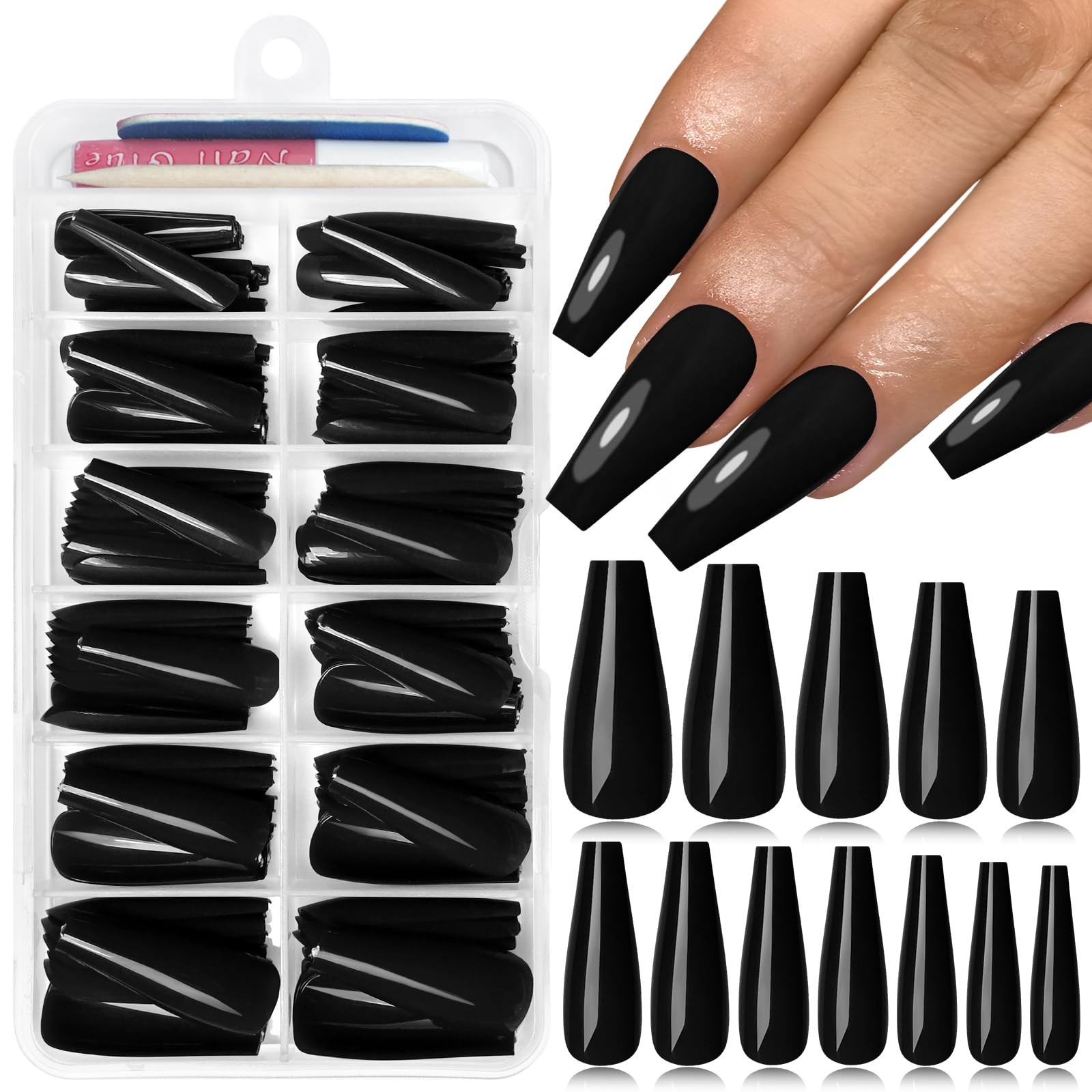 120PC Black Coffin Press on Nails Long Fake Nails Press ons with Glue Nail Ad…