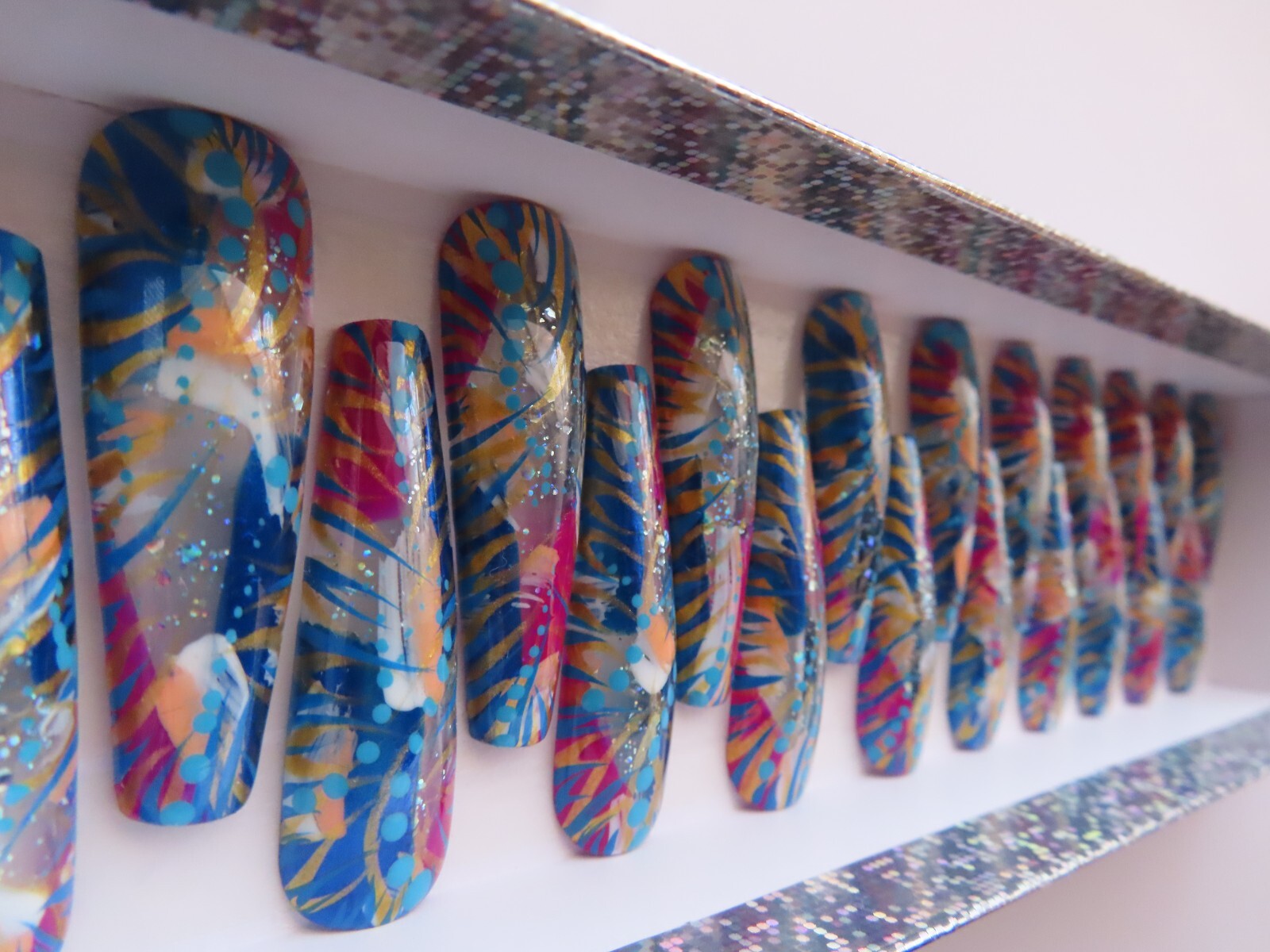 XL Clear Glitter Fuchsia Blue Gold Metallic Abstract Coffin Press On Nails (24)
