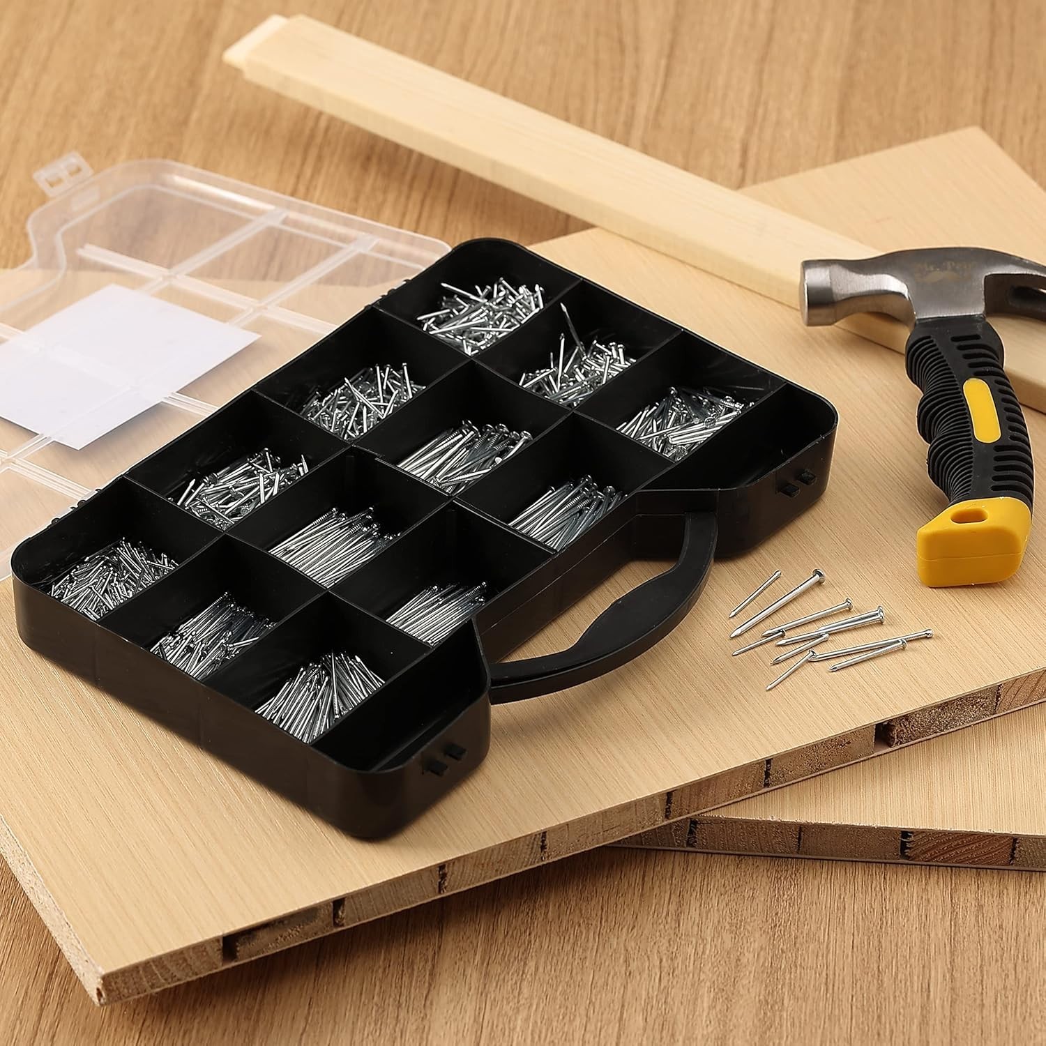 Versatile Nail Kit: 1500 Assorted Flat & Brad Nails Organized for Quick Access