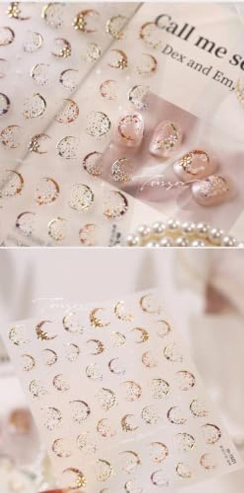 5D Embossed Gold Moon Daisy Nail Stickers for Women Pearl Star Nail Style-36