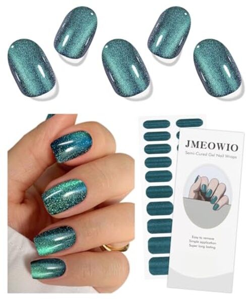 Gel Nail Stickers Semi Cured Gel Nail Strips Wraps UV/LED Nails Green Cat Eye