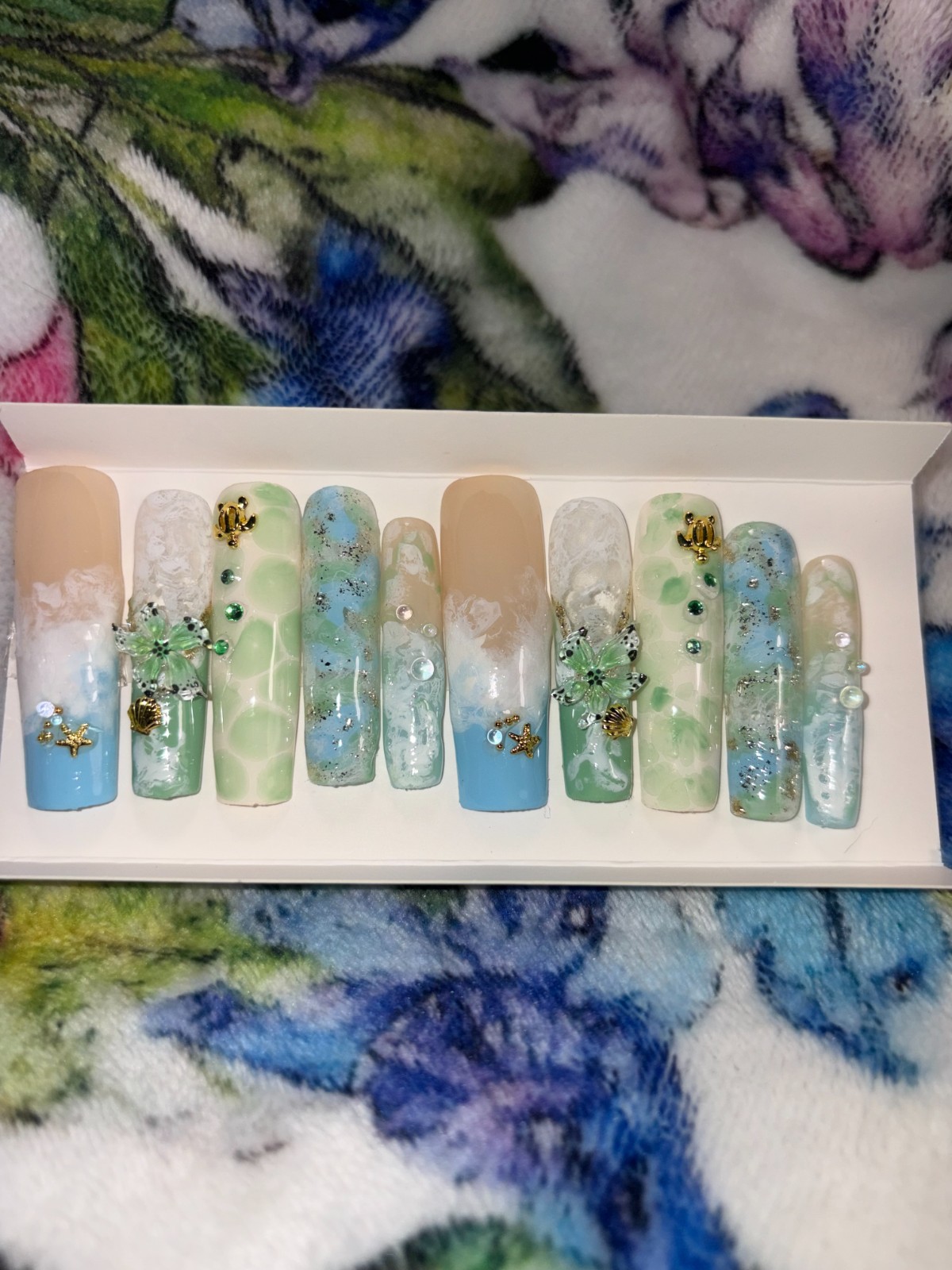 hand painted press on nails Ocean sea turtle theme