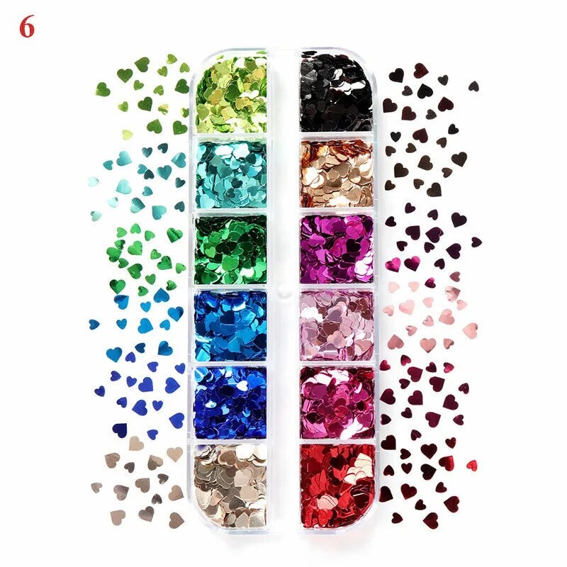12 Grid 3D Love Heart Nail Art Glitter Holographic Laser Chunky Face Body Tattoo