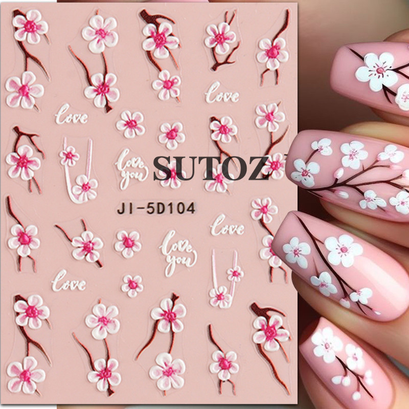 5D Embossed Pink Cherry Blossom Flowers Decal Nail Stickers Sliders JI5D104/105