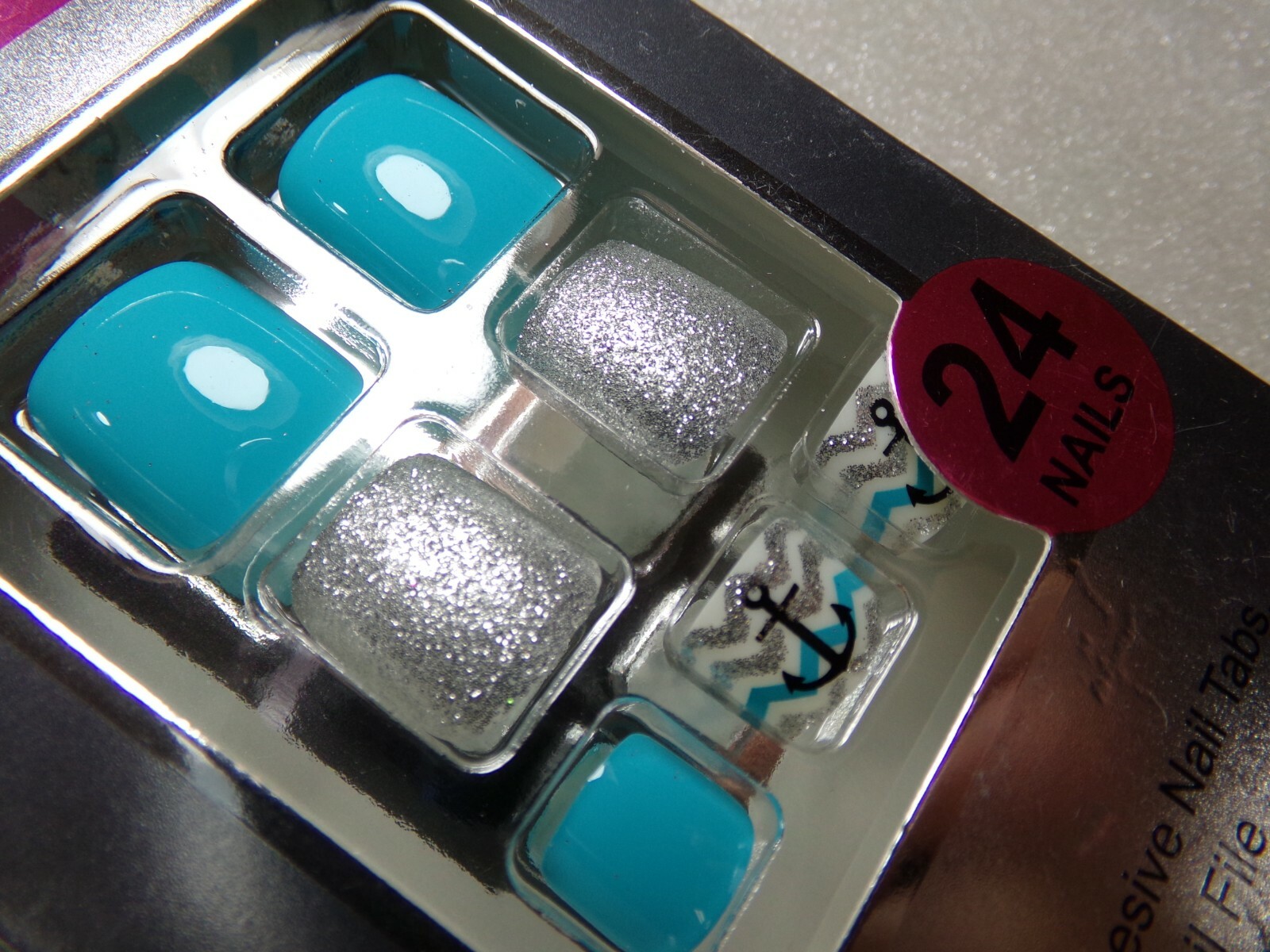 Set Finger & Toe Pretty Secrets Navy Anchors Sailor Aqua Blue Glue on Nail Short