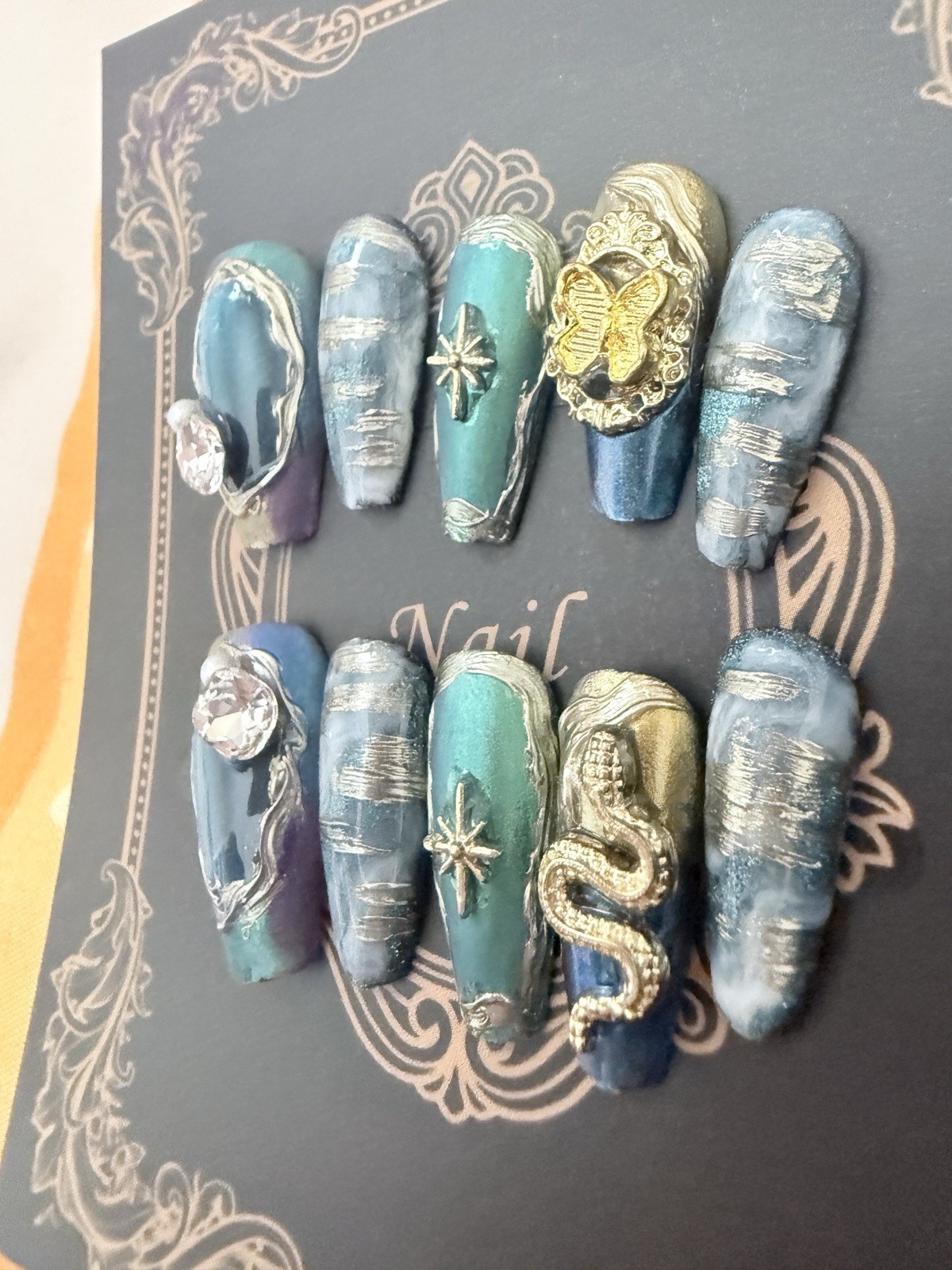 S size Long Coffin Artificial Nails Blue Gold 3D Butterfly Full Cover Nail Art