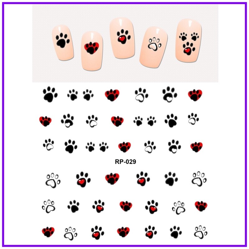 Nail art water transfer stickers decal white red heart in paw print RP029