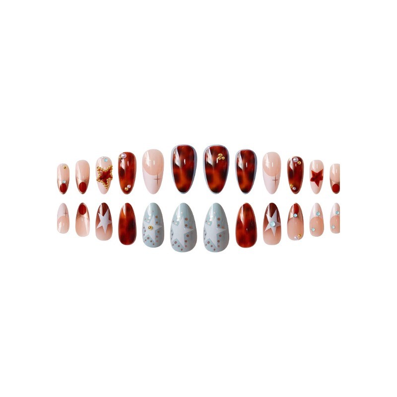 24Pcs-Amber Star Rhinestone Press on Nails Glossy Almond Nail Art Set for Women