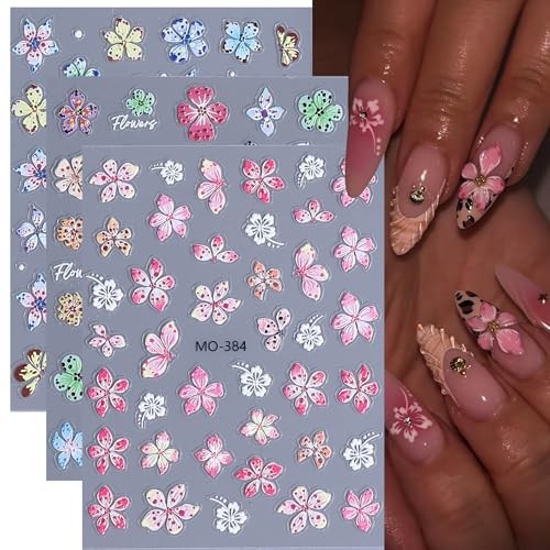 Flower Nail Art Stickers Decals 6PCS 5D Embossed Hibiscus Nail Stickers Self