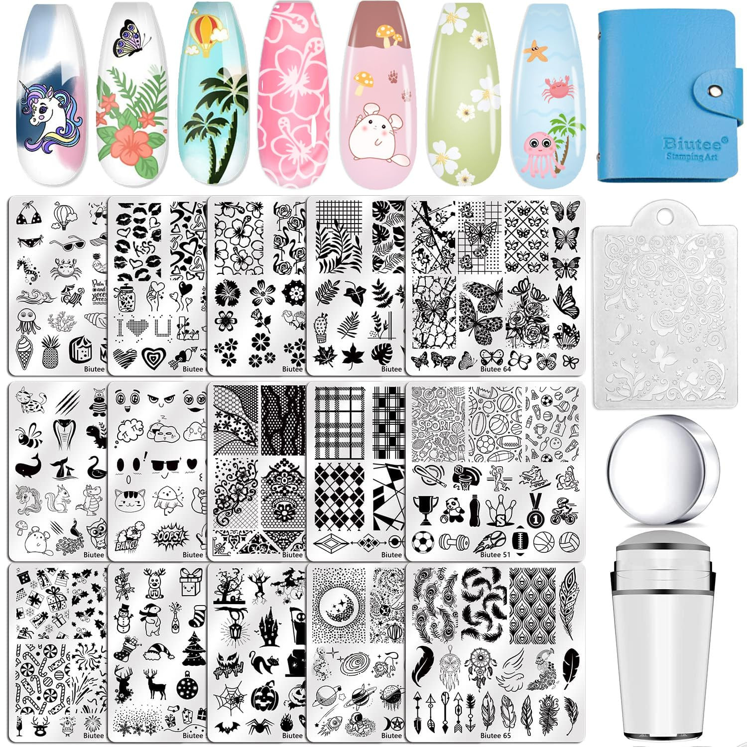 Biutee Nail Stamping Plates Set 15PCS Nail Art Stamper Scraper Nail Stamp Plates