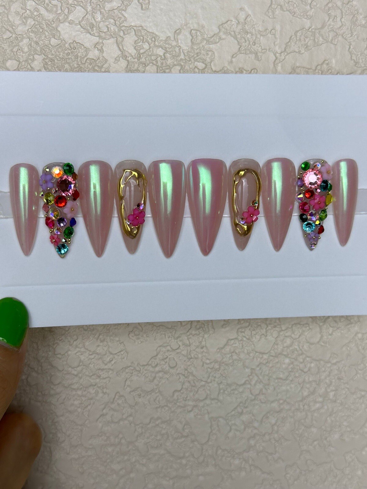 Custom Design – Almond Gel Press On Nails, 10 Piece Full Set W/ Installation
