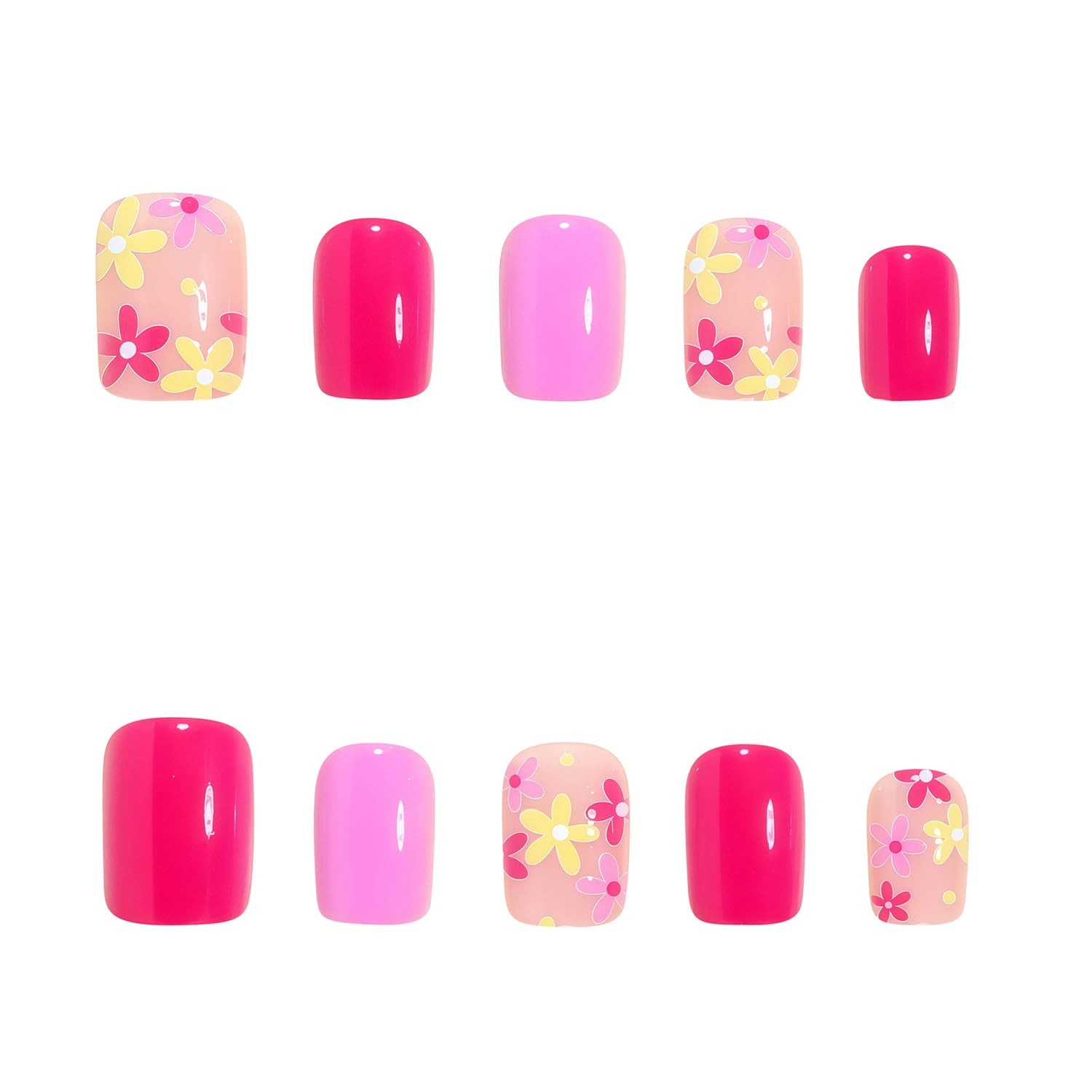 Pink Press on Nails Short Square Fake Nails with Yellow Flower Design Pink Fl…
