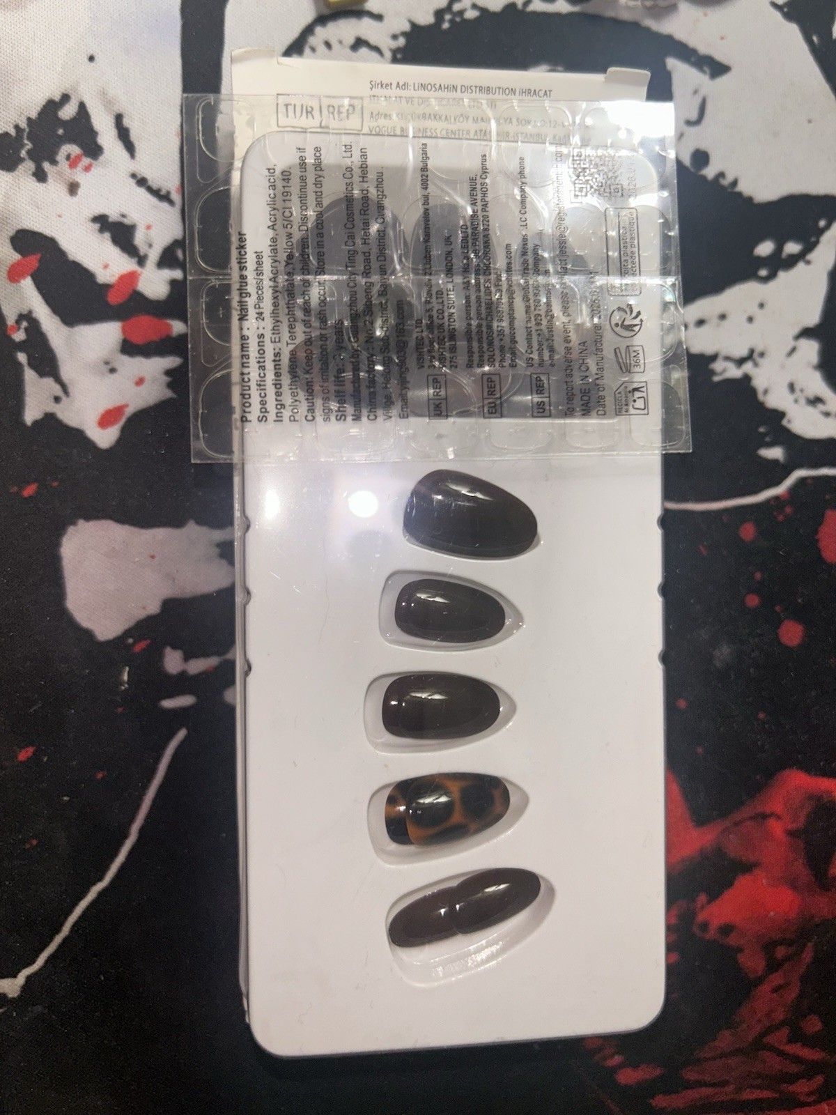Press-On Nails Black Brown Tortoiseshell Shiny Oval Medium Acrylic Full Cover
