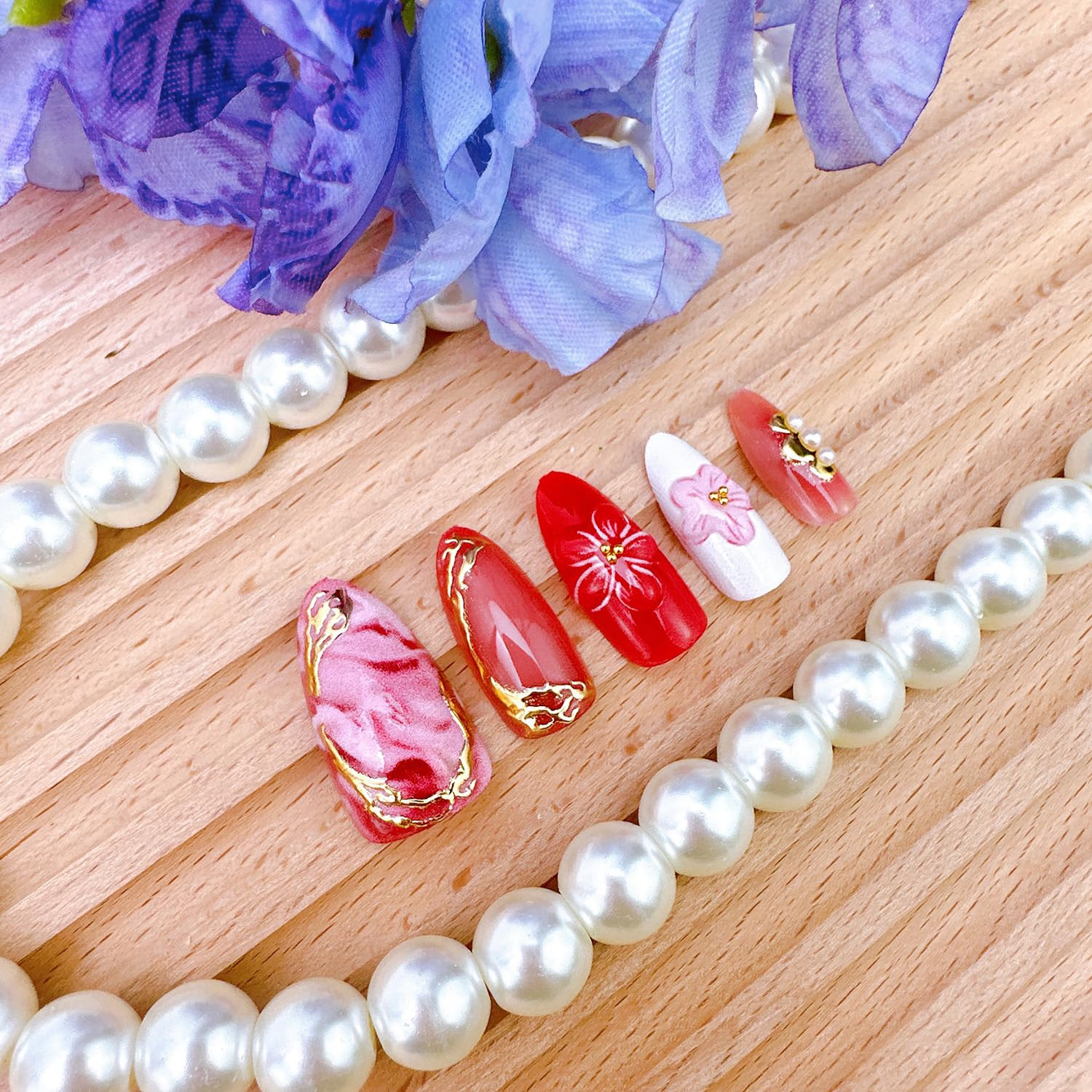 30Pcs Pink Press on Nails Medium Almond Fake Nails with Gold Beads 3D Flower Acr