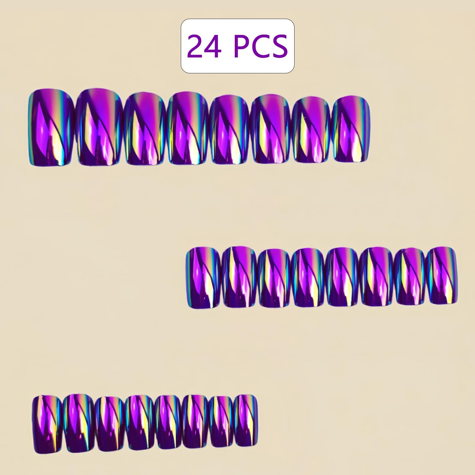 Press on Nails Medium Square Fake Nails Metallic Mirror Rose Purple Chrome